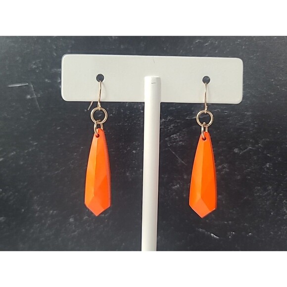 Orange And Gold Tone Metal Dangling Pierced Earrings Vintage Costume Jewelry - Picture 4 of 10